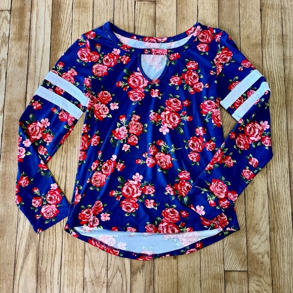 Joe Boxer Womens Blue Red Rose Stretch Long Sleeve Key Hole Neck Size Small